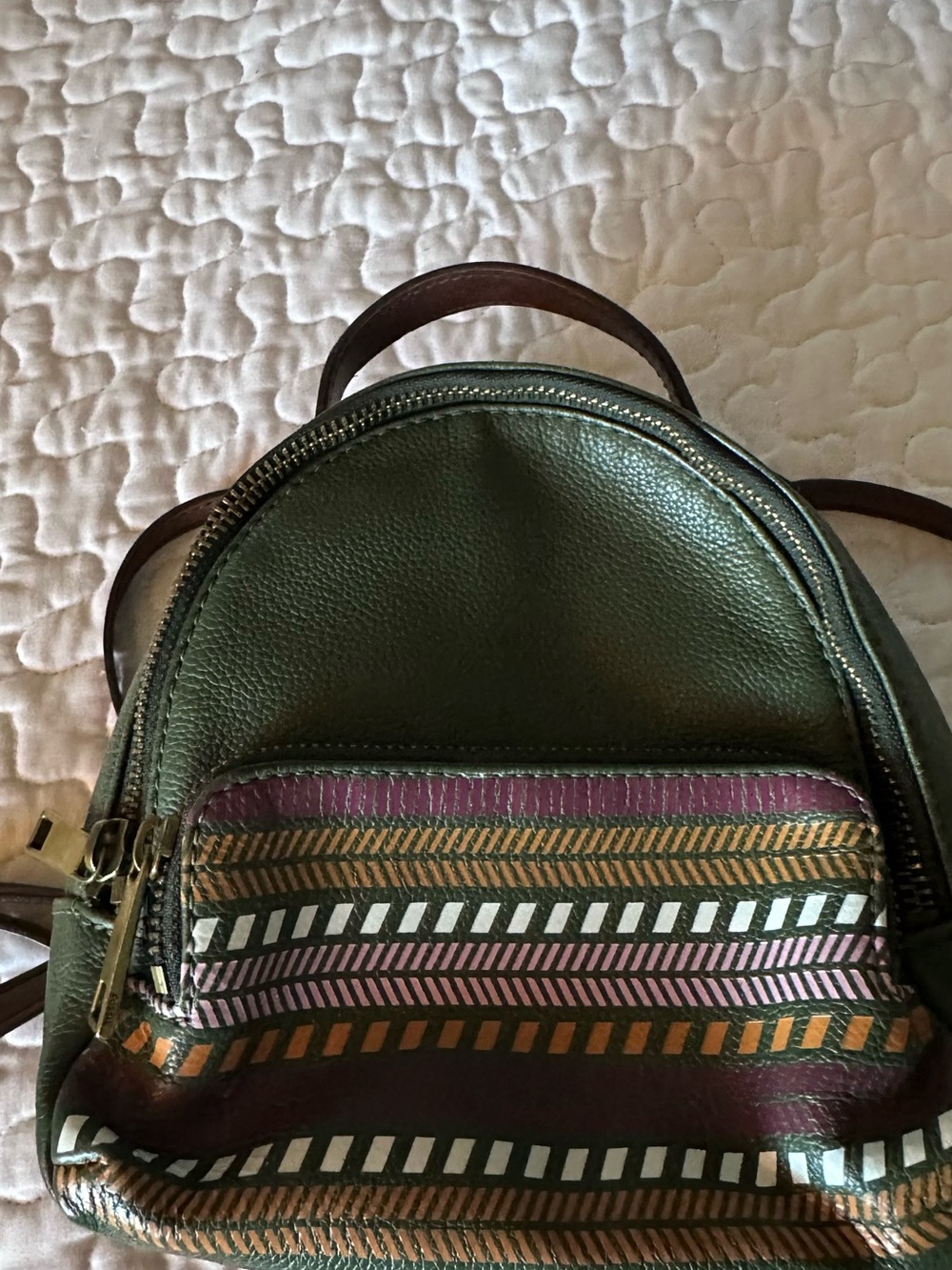 Fossil Olive Green Mini Backpack with Multicolor Striped Pocket